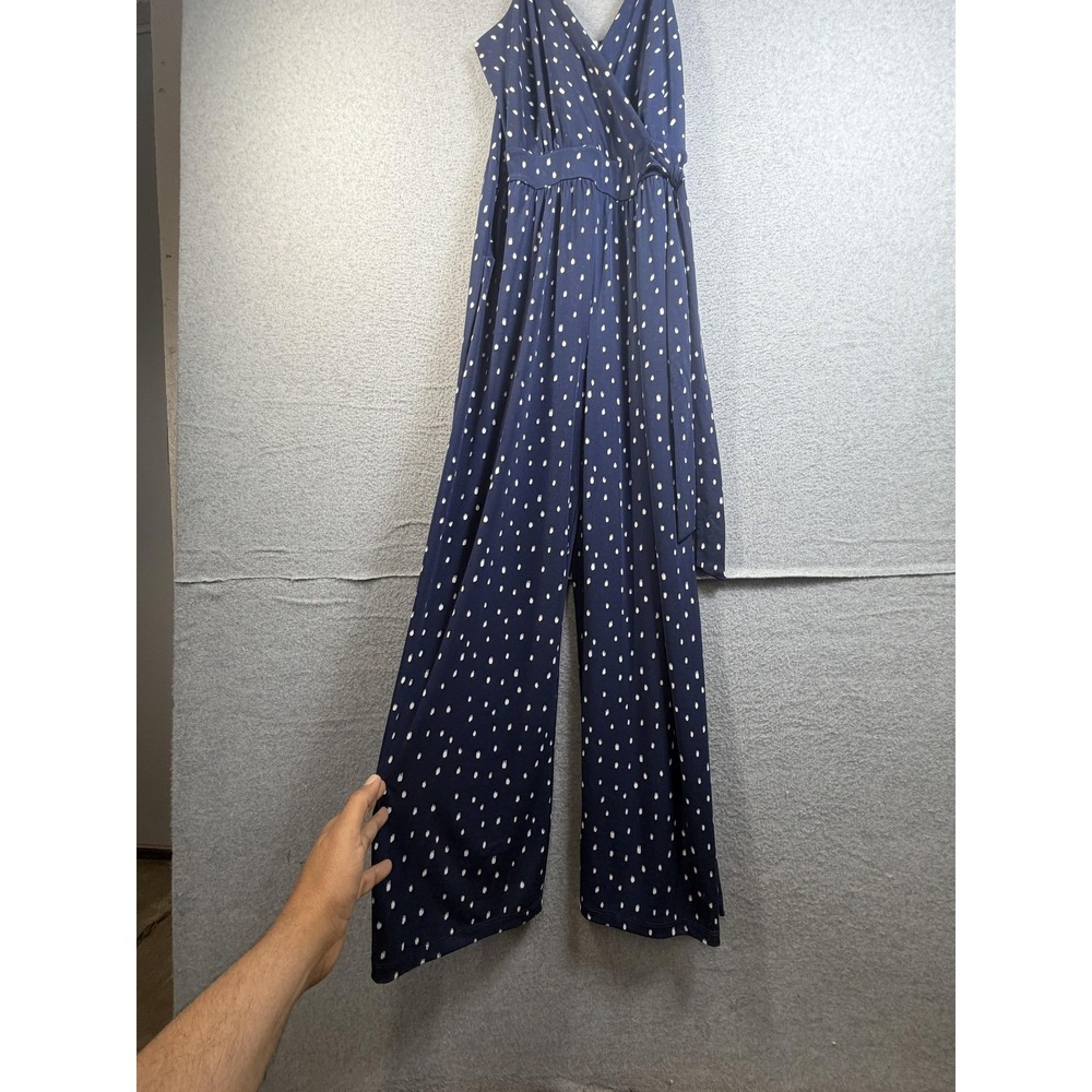 Kaileigh Rochelle Knit Jumpsuit Womens Large Navy Spotted Print Wide Leg V Neck